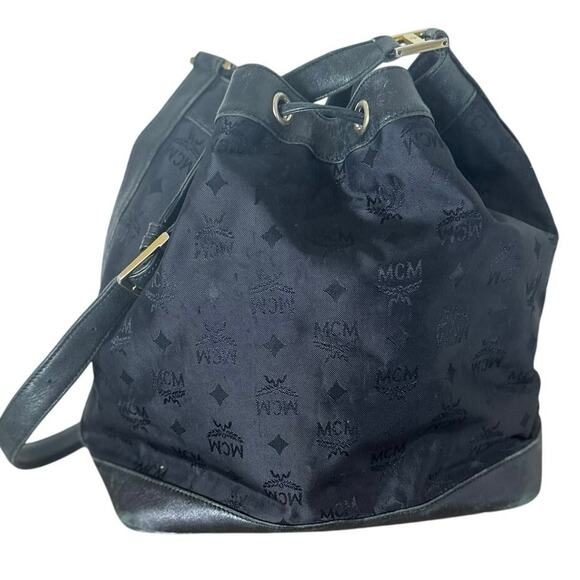 Vintage MCM Bag Black Nylon with Leather Trim Visetos Drawstring Bucket Bag - Picture 5 of 15
